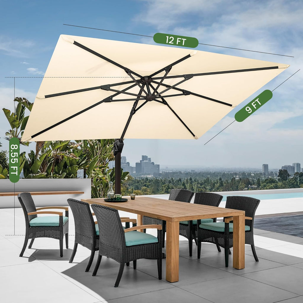 9' X 12' Cantilever Patio Umbrella with Base Included Rectangular Outdoor Large Offset Umbrellas with 7 Tilts Adjustable 360°Rotation for Deck Pool Garden Backyard, Beige