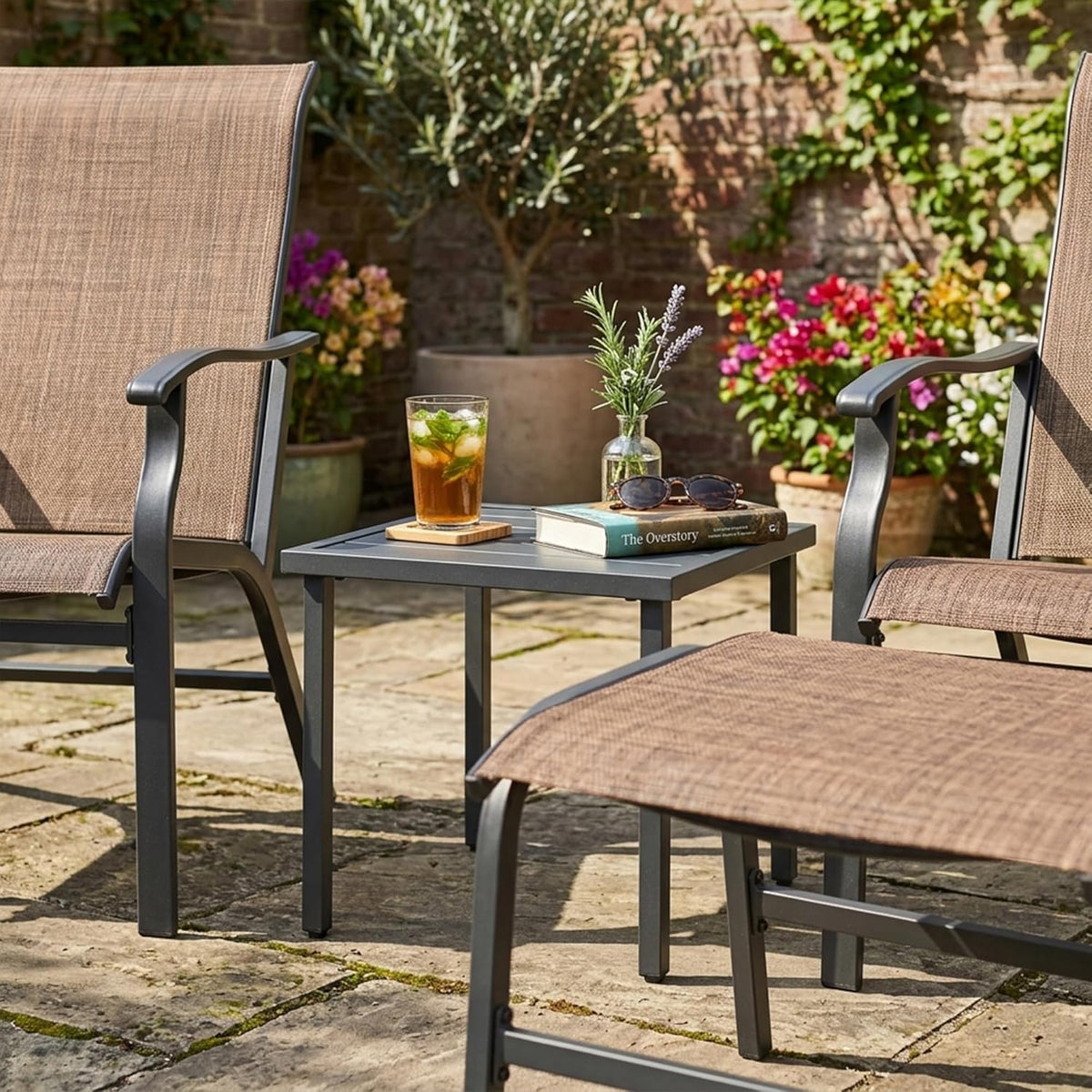 NUU GARDEN Patio Chaise Lounge Set of 3, 2 Textilene Patio Lounge Chairs with Ottoman and 1 Slatted Side Table, All-Weather Outdoor Set for Balcony Deck Yard Poolside, Black and Brown