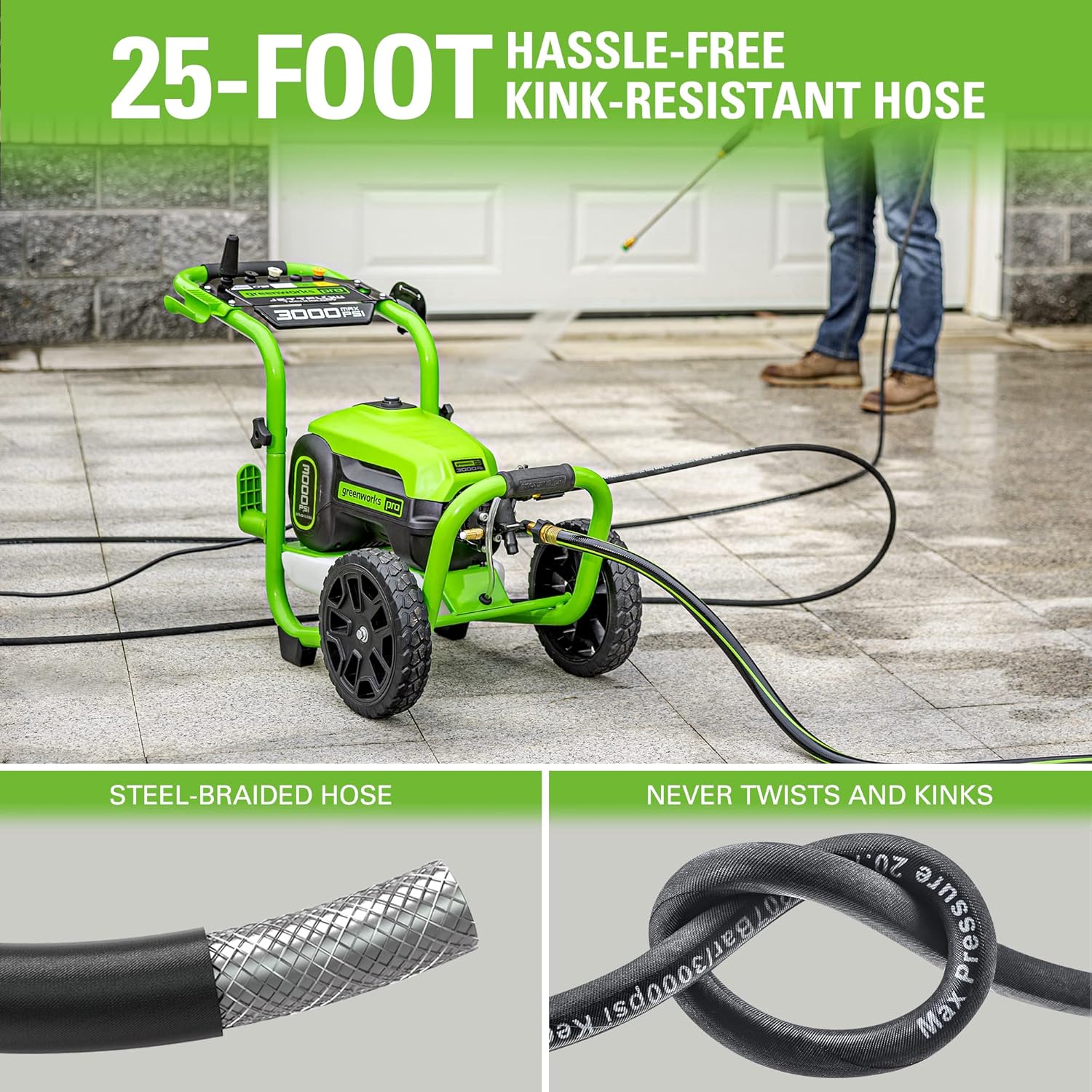 Greenworks 3000 PSI (2.0 GPM Max) Brushless Electric Pressure Washer, Steel Wand, On-Board Soap Tank (15°, 25°, 40°, Soap, and Turbo Nozzle)