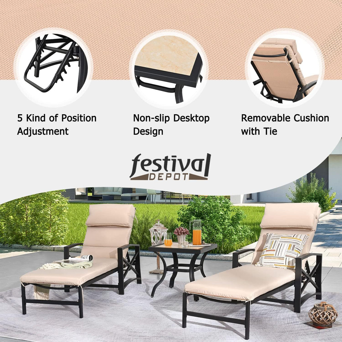 Festival Depot 3 Pieces Patio Outdoor Chaise Lounge Chairs with Cushions Set with Coffee Table Premium Fabric Metal Frame Furniture Garden Bistro Soft Backrest (Khaki)