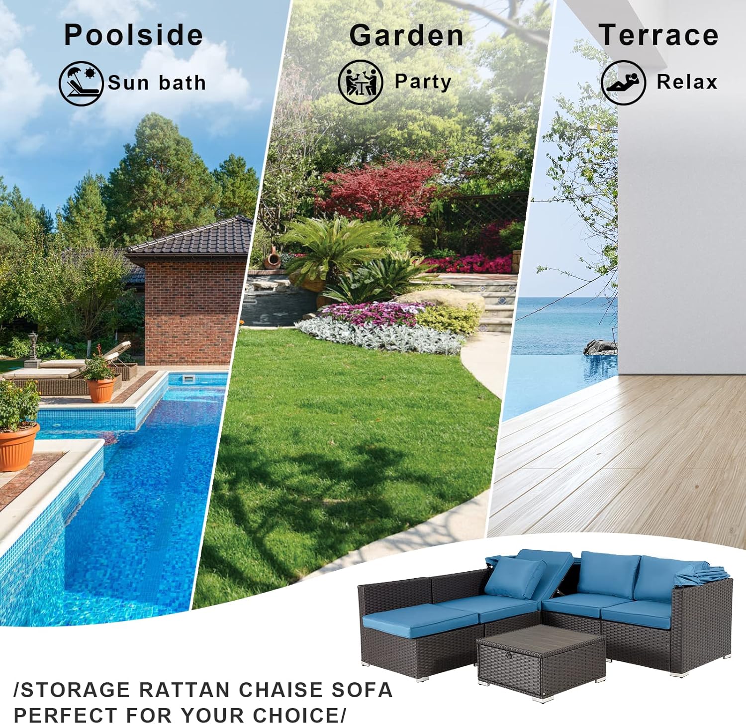 HOMREST 6 Pieces Patio Furniture Sets, Rattan Daybed with Retractable Canopy, Outdoor Sectional Sofa Set with Adjustable Backrest, Chaise Chair Sunbed for Garden Poolside Backyard(Blue)