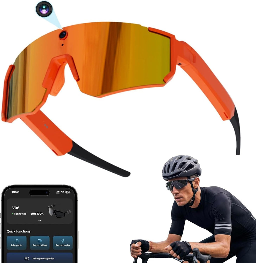 AI Smart Glasses with Camera 4K, 8MP HD Video Recording Glasses with Camera, Built-in Storage(No SD Card Needed), Wearable Tech Bluetooth Sunglasses for Outdoor Sports Cycling/Skiing/Baseball (Orange)