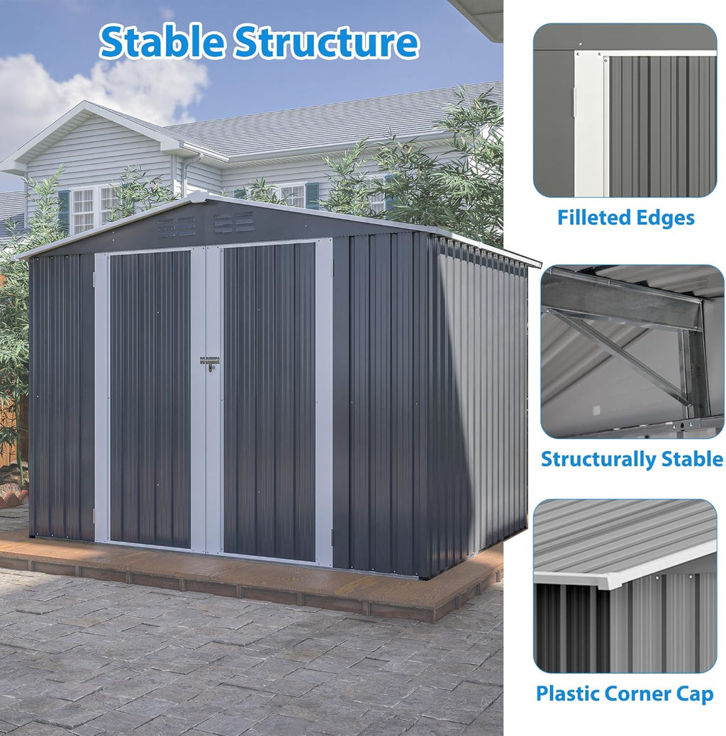 8x6 FT Outdoor Metal Storage Shed, Gray, with Floor Foundation, Lockable Hinged Doors, Air Vents, for Backyard and Lawn