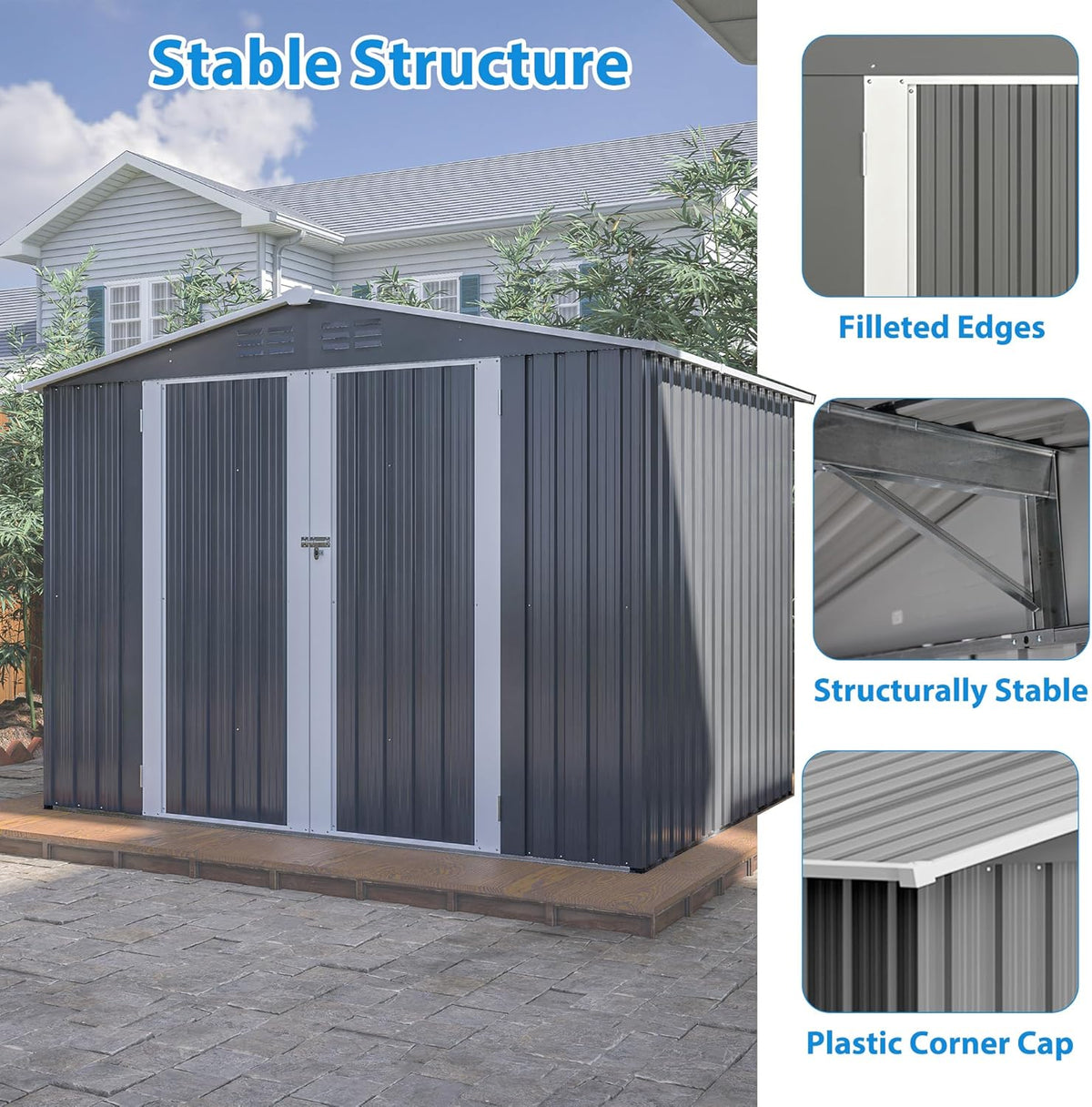 8x6 FT Outdoor Metal Storage Shed, Gray, with Floor Foundation, Lockable Hinged Doors, Air Vents, for Backyard and Lawn