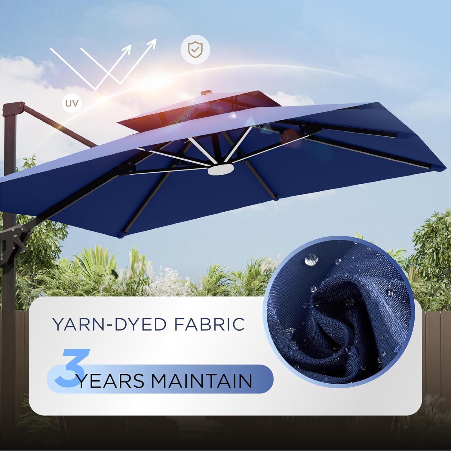10' X 13' Patio Umbrella with LED Lights Outdoor Cantilever Large Rectangle Offset Umbrellas Heavy Duty Aluminum Double Top with 360-degree Rotation for Pool Garden Deck, Navy