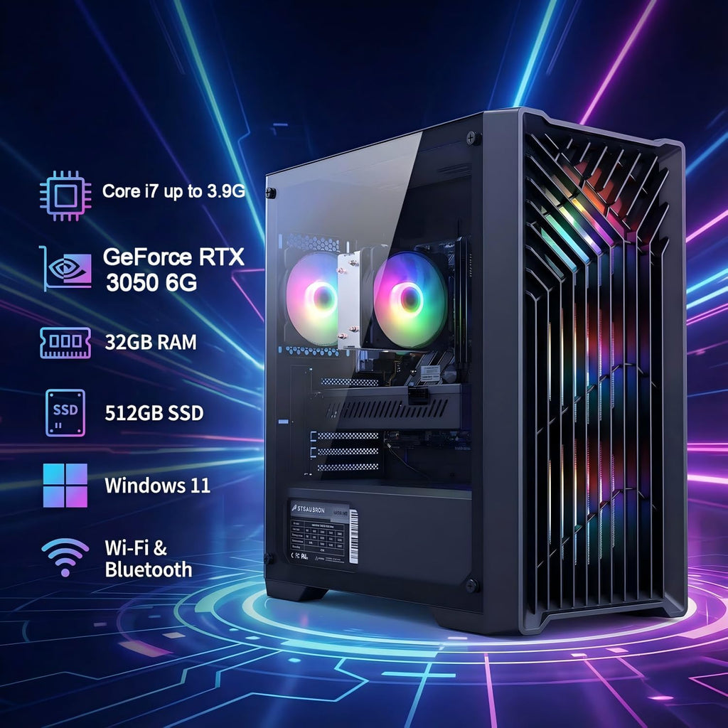 STGAubron Gaming PC Desktop Computer, Intel Core i7 up to 3.9G, GeForce RTX 3050 6G, 32GB RAM, 512GB SSD, WiFi 6, BT 5.0, RGB Fan x 4, Windows 11 Home