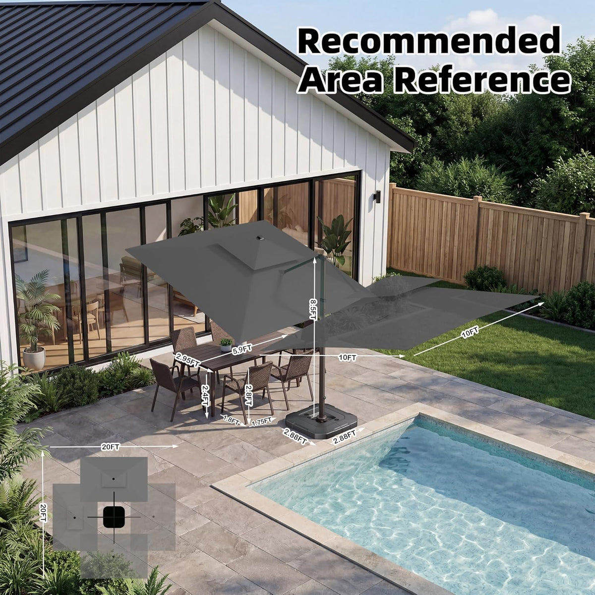 10x10 FT Cantilever Patio Umbrella Double Top Outdoor Square Large Heavy Duty Aluminum Offset Umbrellas with 7 Level Tilt 360-degree Rotation for Pool Garden Deck, Grey