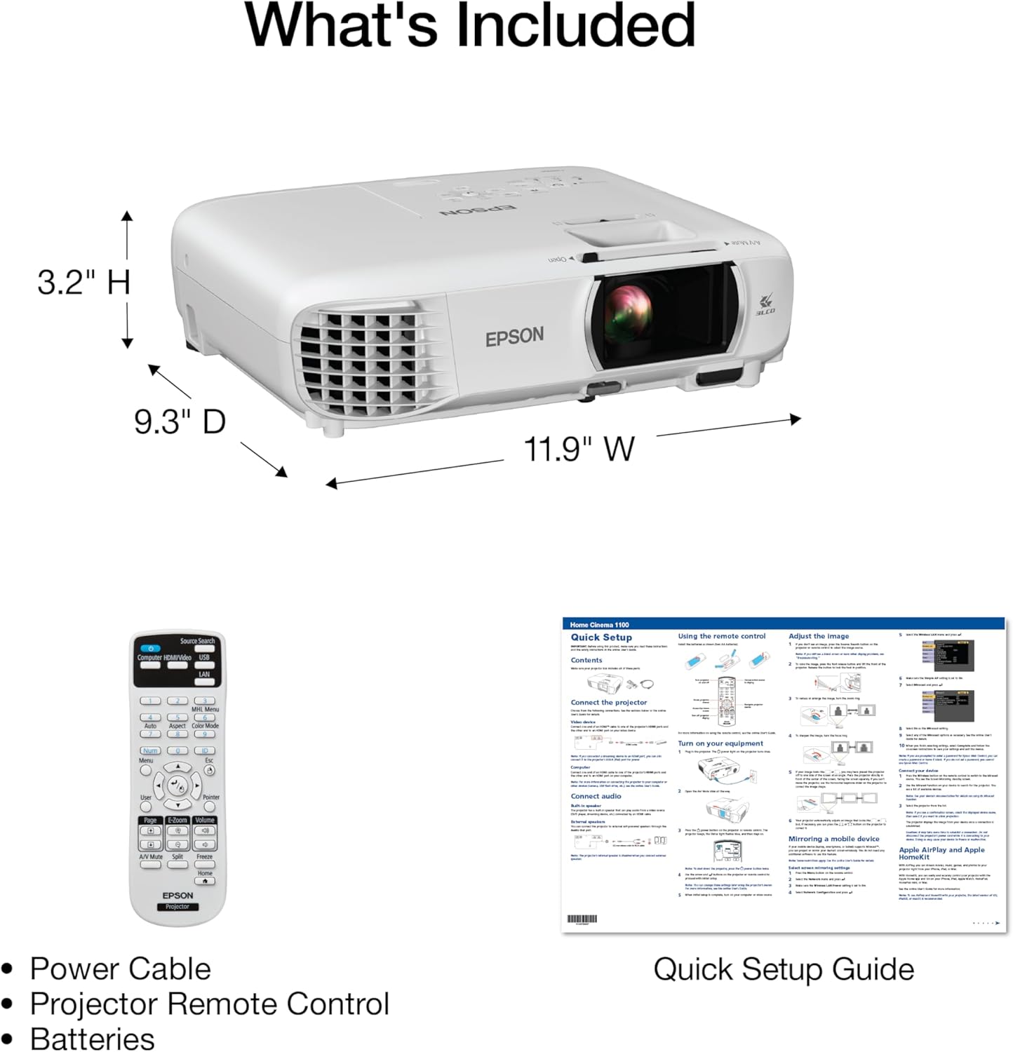 Epson Home Cinema 1100 3-Chip 3LCD Wireless 1080p Projector, Streaming with Apple AirPlay, Miracast, Home Theater/Gaming, 3,400 Lumens Color and White Brightness, Speaker, 16000:1 Contrast, 2X HDMI