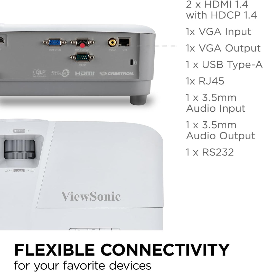 ViewSonic PA504W 4000 Lumens WXGA High Brightness Projector with Vertical Keystone, HDMI 1.4, USB 2.0 Type A, and VGA Inputs for Home and Office (Renewed)