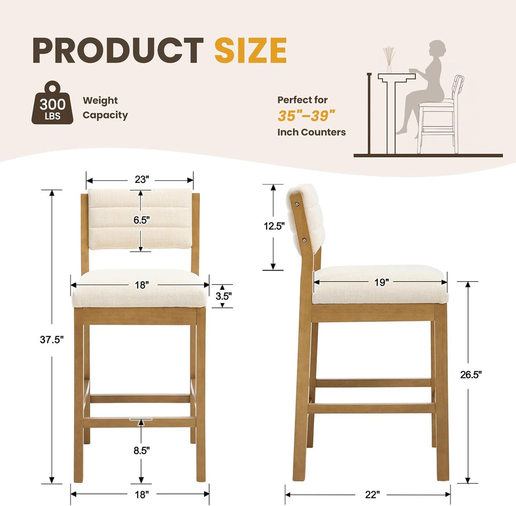 RIVOVA 26" Bar Stools Set of 3 Counter Height Bar Stools for Kitchen Counter, Modern Upholstered Barstools with Back and Wood Legs Linen Stools Farmhouse Island Chairs, Beige