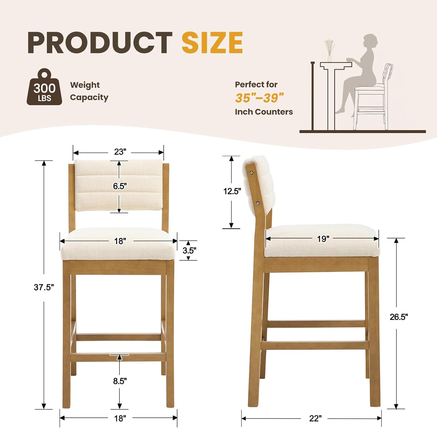 RIVOVA 26" Bar Stools Set of 3 Counter Height Bar Stools for Kitchen Counter, Modern Upholstered Barstools with Back and Wood Legs Linen Stools Farmhouse Island Chairs, Beige