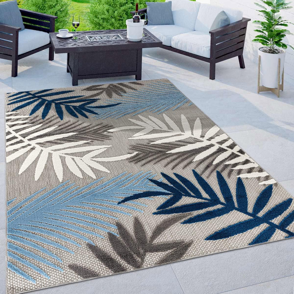 Rugshop Indoor/Outdoor Palm Leaf Area Rug, Non-Shedding Easy-Care Design for Backyard, Deck and Outdoor Lounge, Blue, 10' X 14'