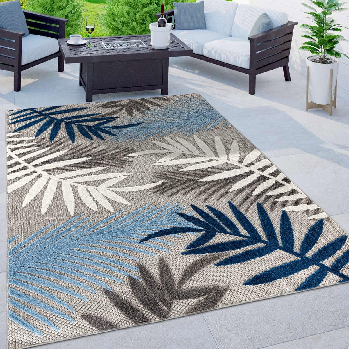 Rugshop Indoor/Outdoor Palm Leaf Area Rug, Non-Shedding Easy-Care Design for Backyard, Deck and Outdoor Lounge, Blue, 10' X 14'