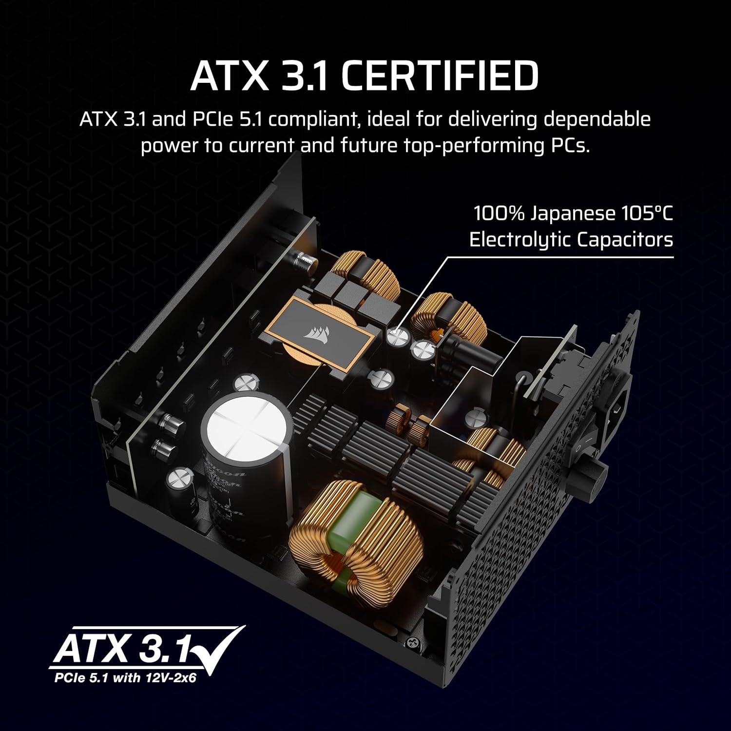CORSAIR RM1000x ATX 3.1 PCIe 5.1 Ready Fully Modular 1000W Power Supply – Low-Noise, Cybenetics Gold Efficiency, Native 12V-2x6 Connector – Black