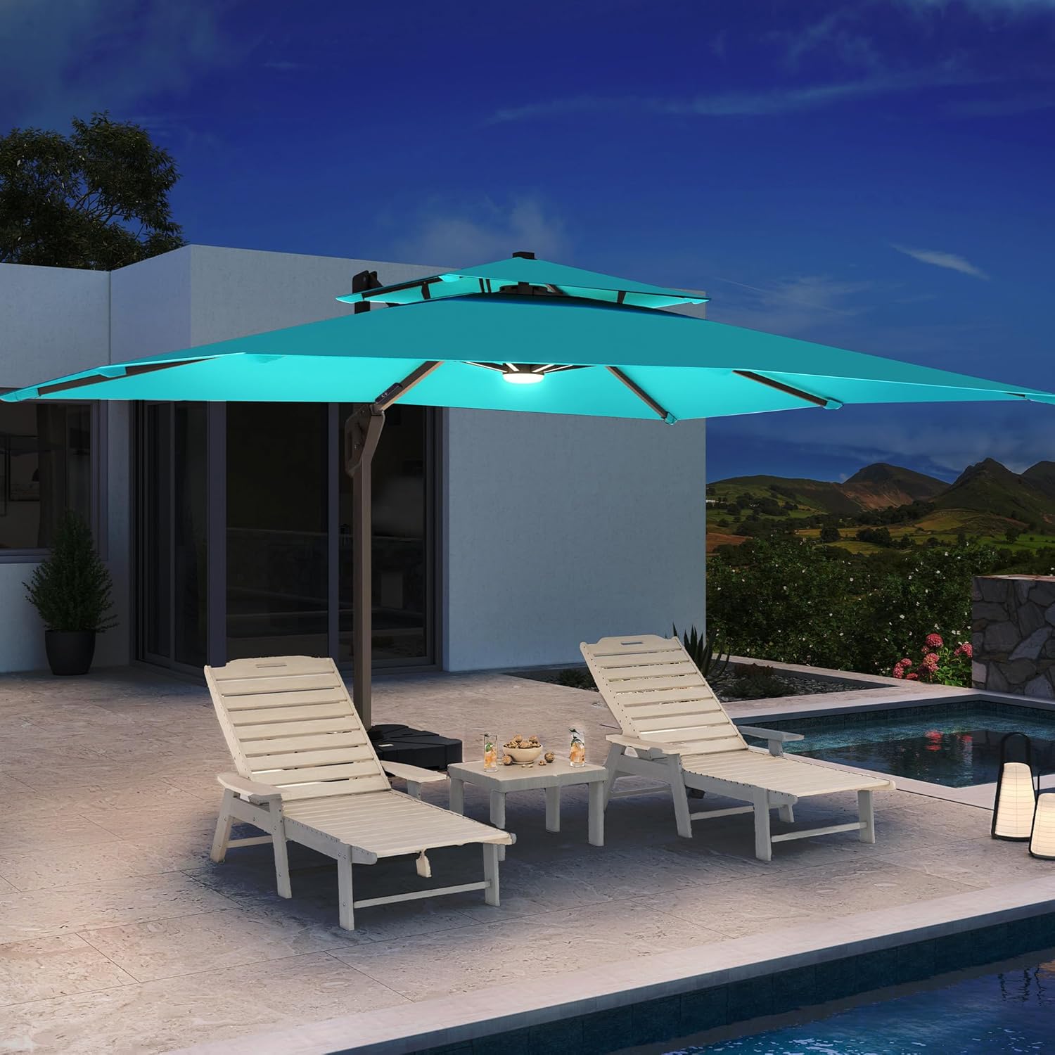 10 X 13 FT Cantilever Patio Umbrella with LED Lights Outdoor Heavy Duty Double Top Windproof Rectangle Offset Umbrellas with 360-degree Rotation for Pool Deck Backyard, Turquoise