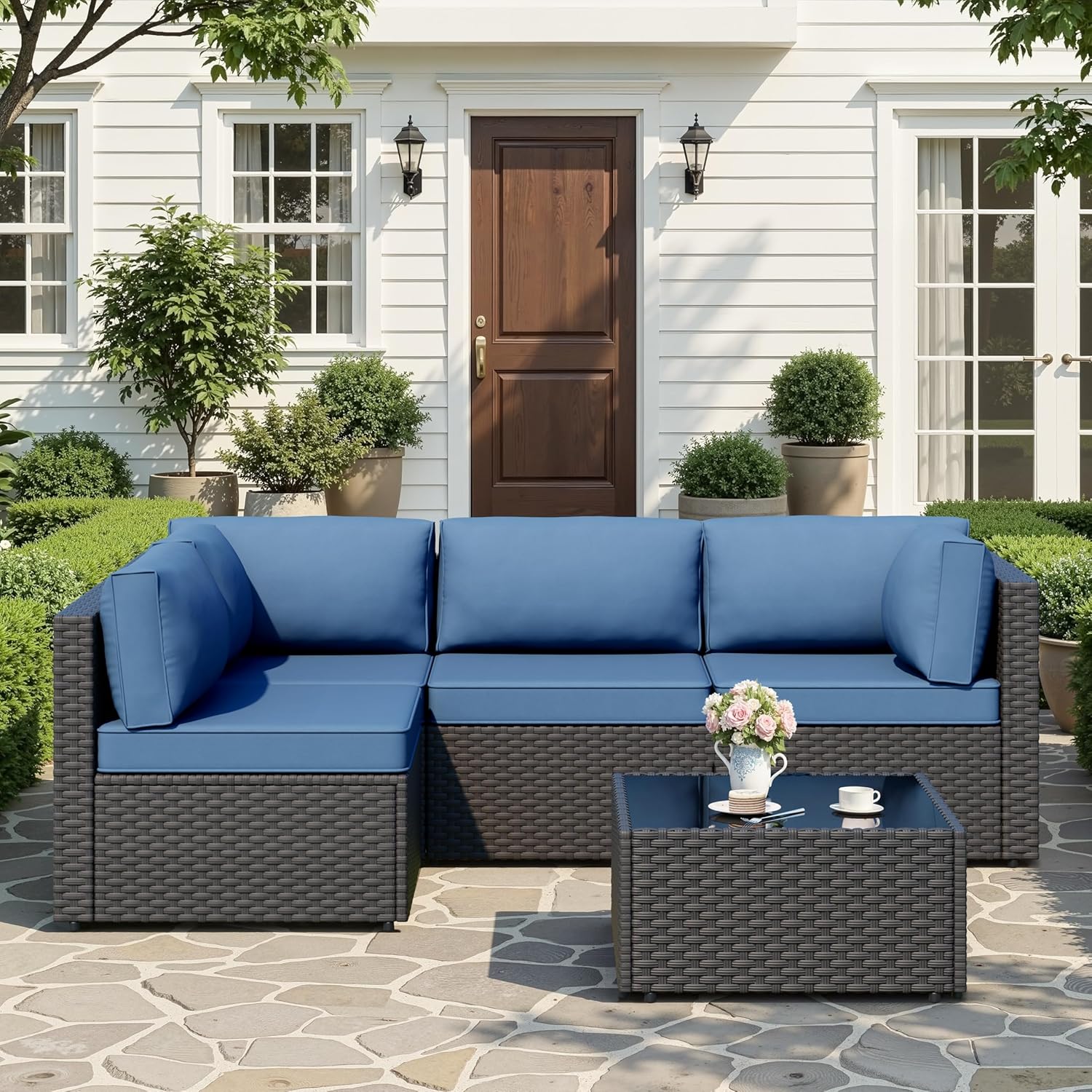 JAMFLY Patio Furniture Sets, 5-Piece Outdoor Patio Furniture with Thick Cushions, Wicker Outdoor Conversation Set Sectional Sofa for Backyard, Poolside, Garden, Aegean Blue