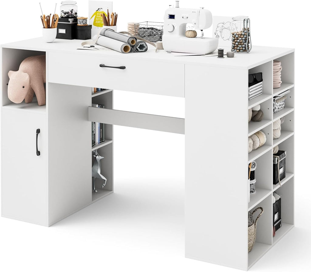 COSTWAY 36” Counter Height Sewing Table, 53 Inch Artwork Craft Table with 14 Open Compartments, 3-Position Adjustable Shelf, 1 Drawer & Cabinet, Project Center Desk Drafting Sewing Workstation, White