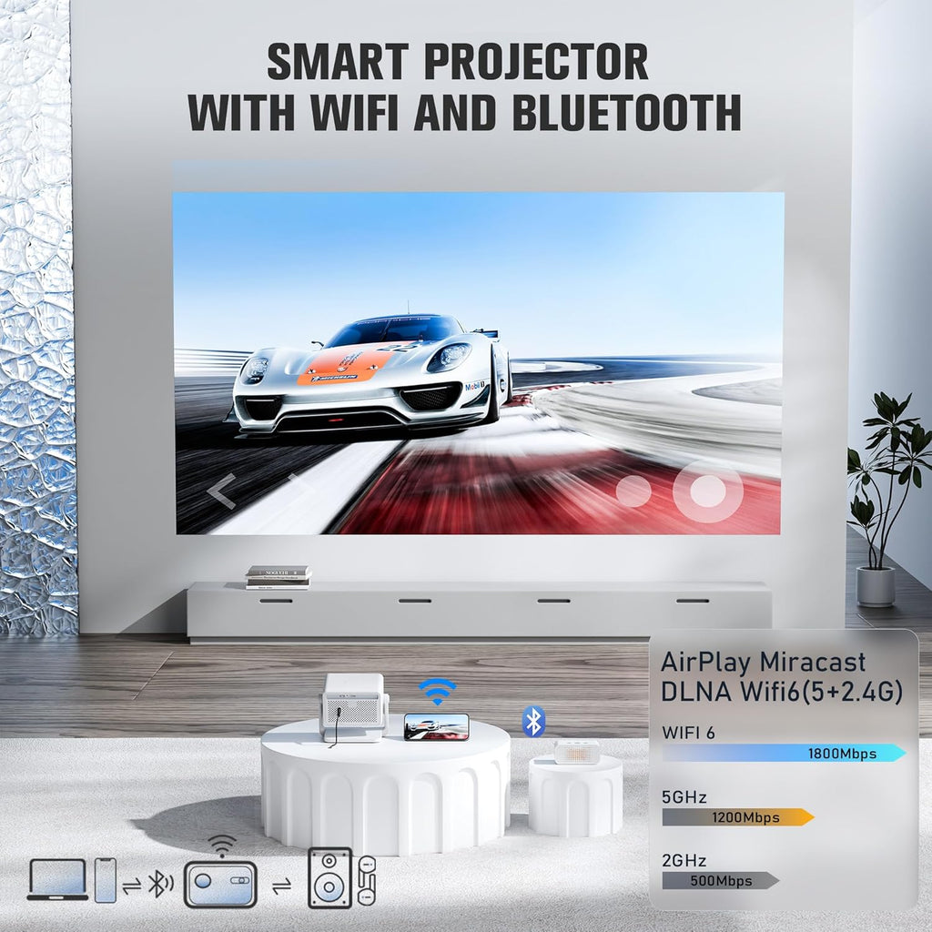 【Officially-Licensed APP & 2000 ANSI】4K Mini Outdoor Projector with WiFi and Bluetooth, VOPLLS Portable Smart Movie Wireless TV Projector for Bedroom/Home/Gaming