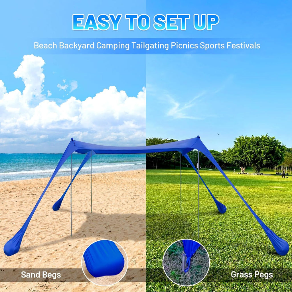 Family Beach Tent Canopy Sun Shade, Pop Up Grande Beach Tent Sun Shelter Stability 4 Poles with Portable Carry Bag Outdoor Shade for Fishing Backyard Camping