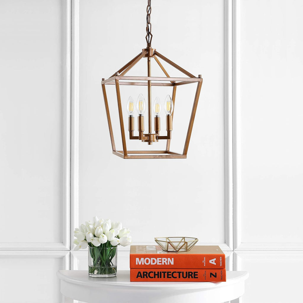 JONATHAN Y 12" Antique Gold Lantern Pendant Light, 4-Light Pagoda Style Metal Cage Farmhouse Hanging Ceiling Fixture for Kitchen Island, LED Bulb Included (JYL7436B)