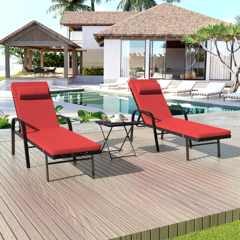 Gotland Patio Chaise Lounge Sets Outdoor Armchair Recliner Rattan Adjustable Back 3 Pieces Cushioned Patio Folding Chaise Lounge with Folding Table