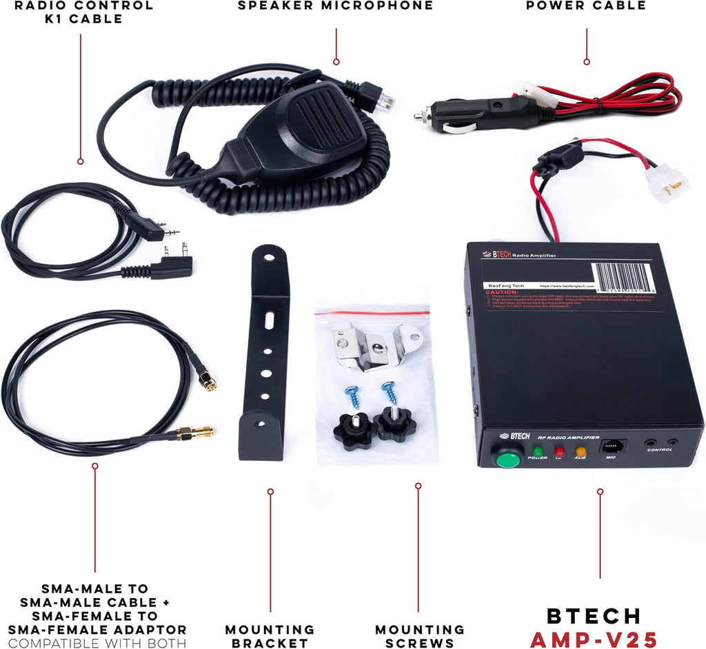 BTECH AMP-V25 Amplifier | 20-40W Power Boost for VHF (136-174MHz) | Compatible with Handheld Radios | Amplifies Analog and Digital Modes | Ideal for Mobile, Field, & Home Use