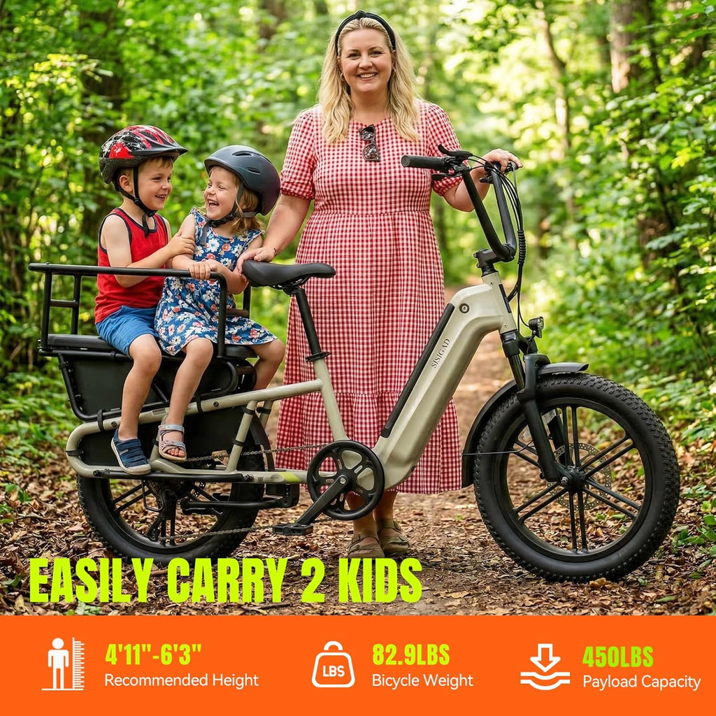 SISIGAD Family Electric Bike with Child Seat - Peak 1500W Motor, 20" Fat Tire Ebike, 48V 15Ah Removable Battery, Step-Through Frame, Dual Hydraulic Brakes .LCD & APP Control, UL 2849 Certification