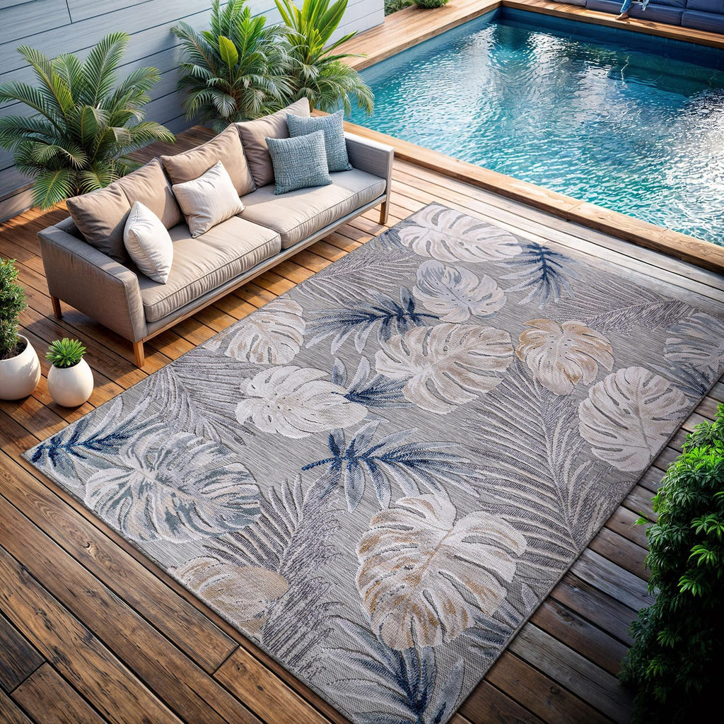 CAMILSON Indoor Outdoor Rug, Blue 7'10”x10' Leaf Tropical Botanical Area Rugs for Indoor and Outdoor patios, Easy-Cleaning Non-Shedding Living Room, Garden and Kitchen Washable Outside Carpet (8x10)