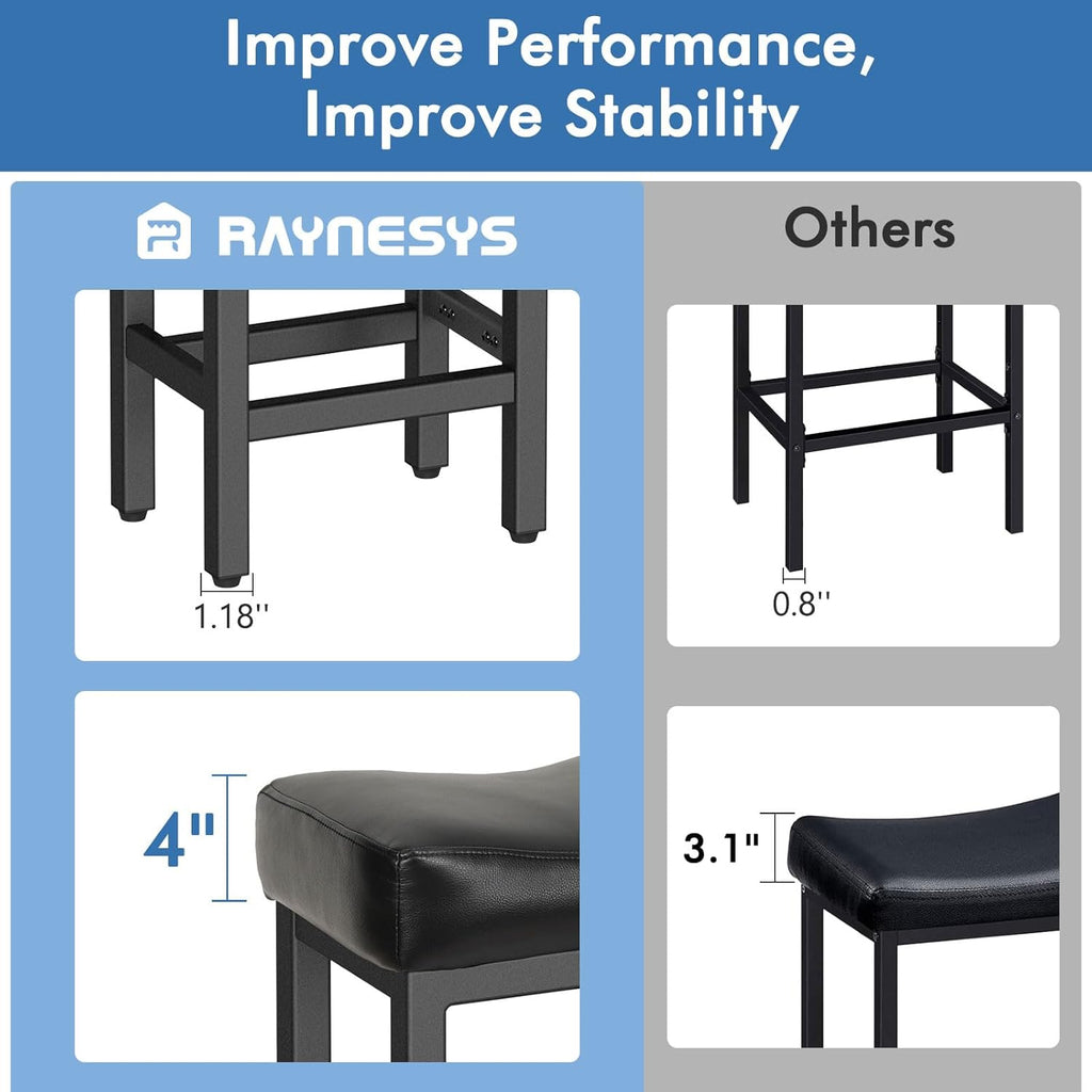 Raynesys Counter Height Bar Stools Set of 2, 24 Inch Barstools for Kitchen Island Counter, Bonded Leather Kitchen Stools with Thick Saddle Seats & Heavy Duty Metal Base, Easy Assembly, All Black