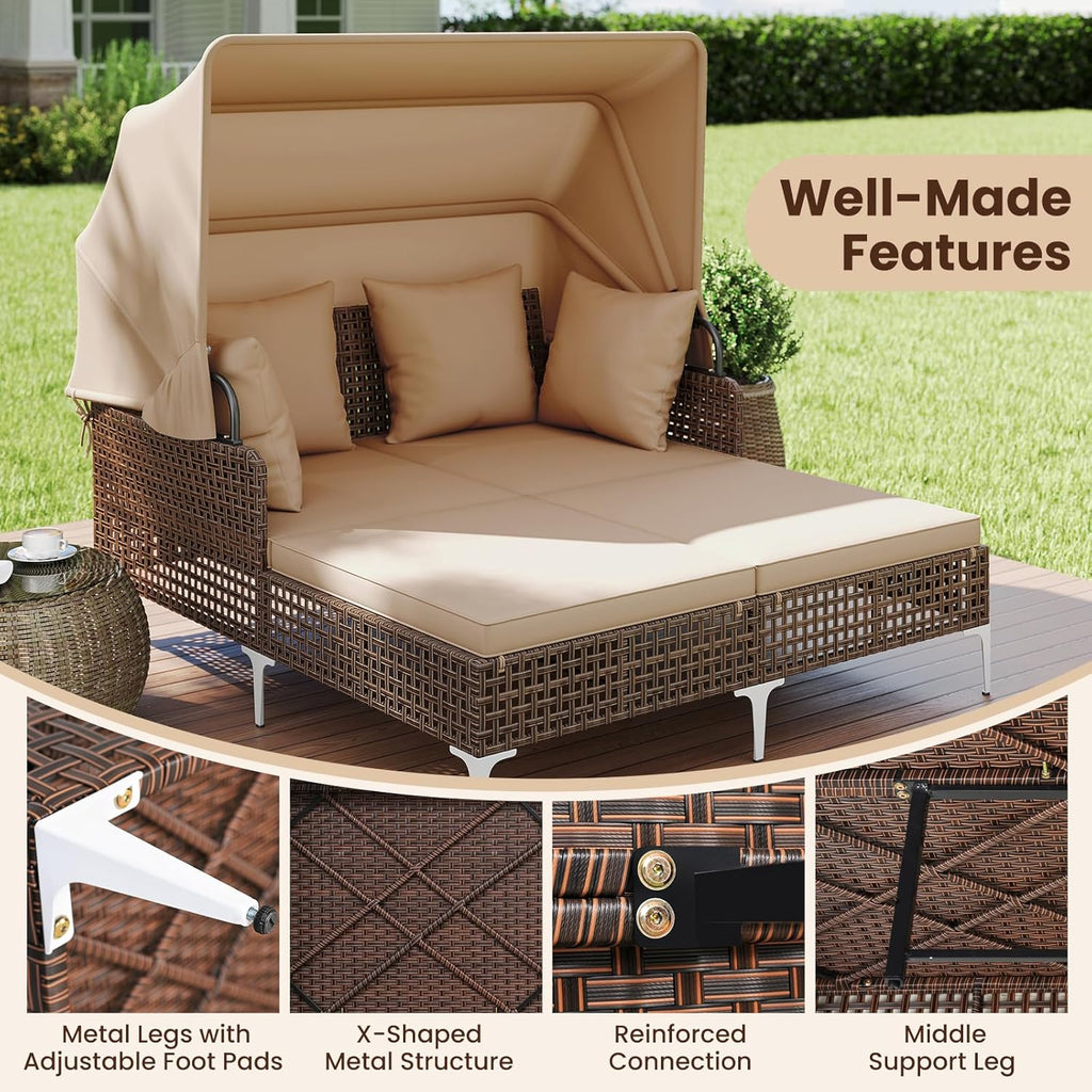 Tangkula Outdoor Rattan Daybed with Retractable Canopy, Boho Patio Wicker Sunbed with Metal Support, Pillows & Cushions, Outdoor Double Chaise Lounge with Shade for Backyard, Poolside, Deck & Balcony
