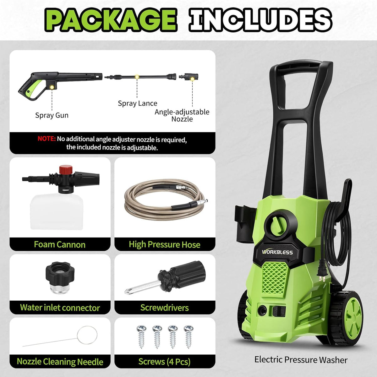 Electric Pressure Washer, w/23ft Hose & 18ft Cord, Angle-Adjustable Nozzle, Foam Cannon, Power Washer for Car, Driveway, Patio, Fence, House Cleaning