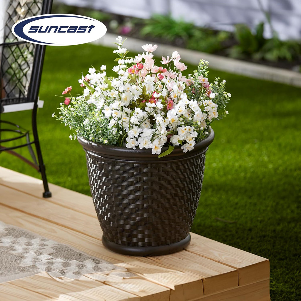 Suncast 4 Pack Sonora 18 Inch Lightweight Durable Plastic Wicker Decorative Flower Planter Pot for Yard, Garden, Indoor or Outdoor Use, Brown