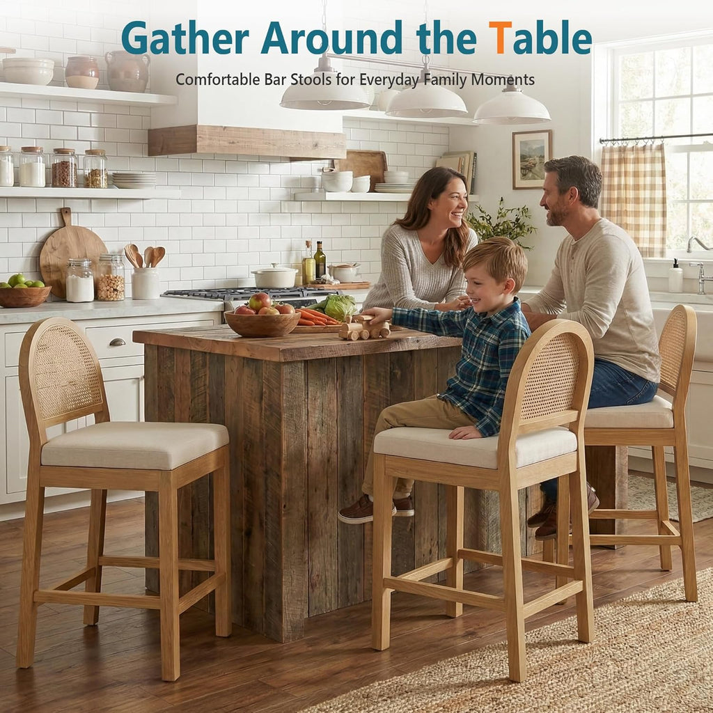 STHOUYN Upholstered Rattan Bar Stools Set of 4, Wooden Counter Height Stools with Natural Rattan Woven Back and Chenille Seat, Mid-Century Modern Island Chairs Barstools for Kitchen (4, Cream White)
