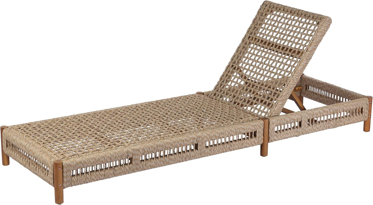 Christopher Knight Home Mercer Acacia Wood Chaise Lounge Chair Outdoor, Poolside Sun Lounger Recliner with Wicker Seat, Patio Outdoor Chaise Lounge, Adjustable Backrest Single Lounge Sofa, Teak+Beige