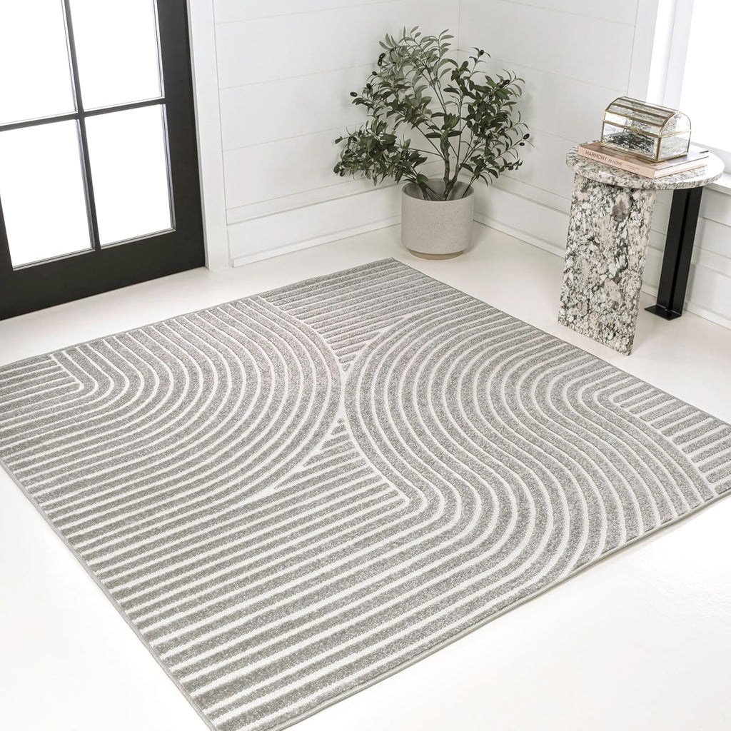 JONATHAN Y Hallie High-Low Curve Gray/Ivory 8x8 Square Indoor/Outdoor Area Rug, Minimalist, Pet Friendly, Non-Shedding, Stain Resistant, Hose-Washable for Backyard, Patio, Porch (SCN100A-8SQ)