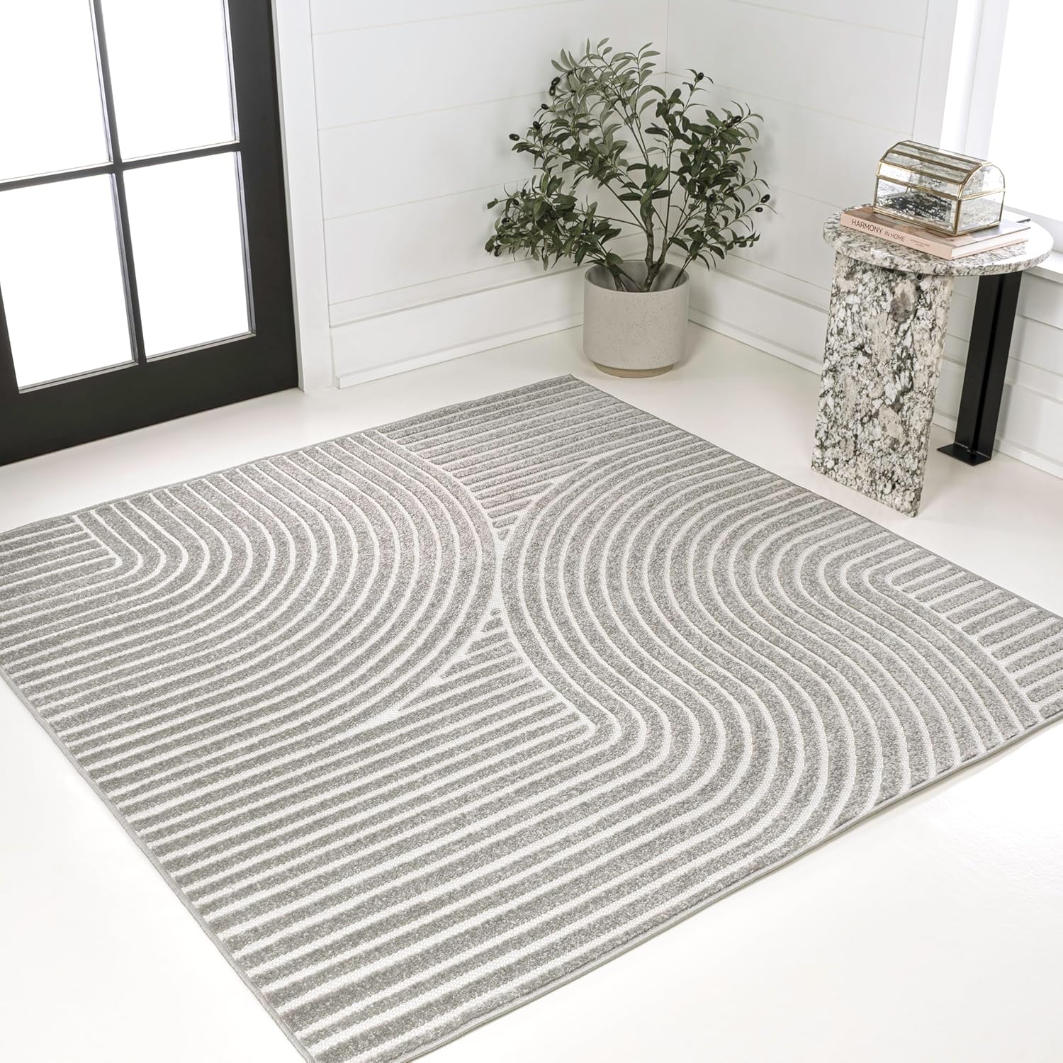 JONATHAN Y Hallie High-Low Curve Gray/Ivory 8x8 Square Indoor/Outdoor Area Rug, Minimalist, Pet Friendly, Non-Shedding, Stain Resistant, Hose-Washable for Backyard, Patio, Porch (SCN100A-8SQ)