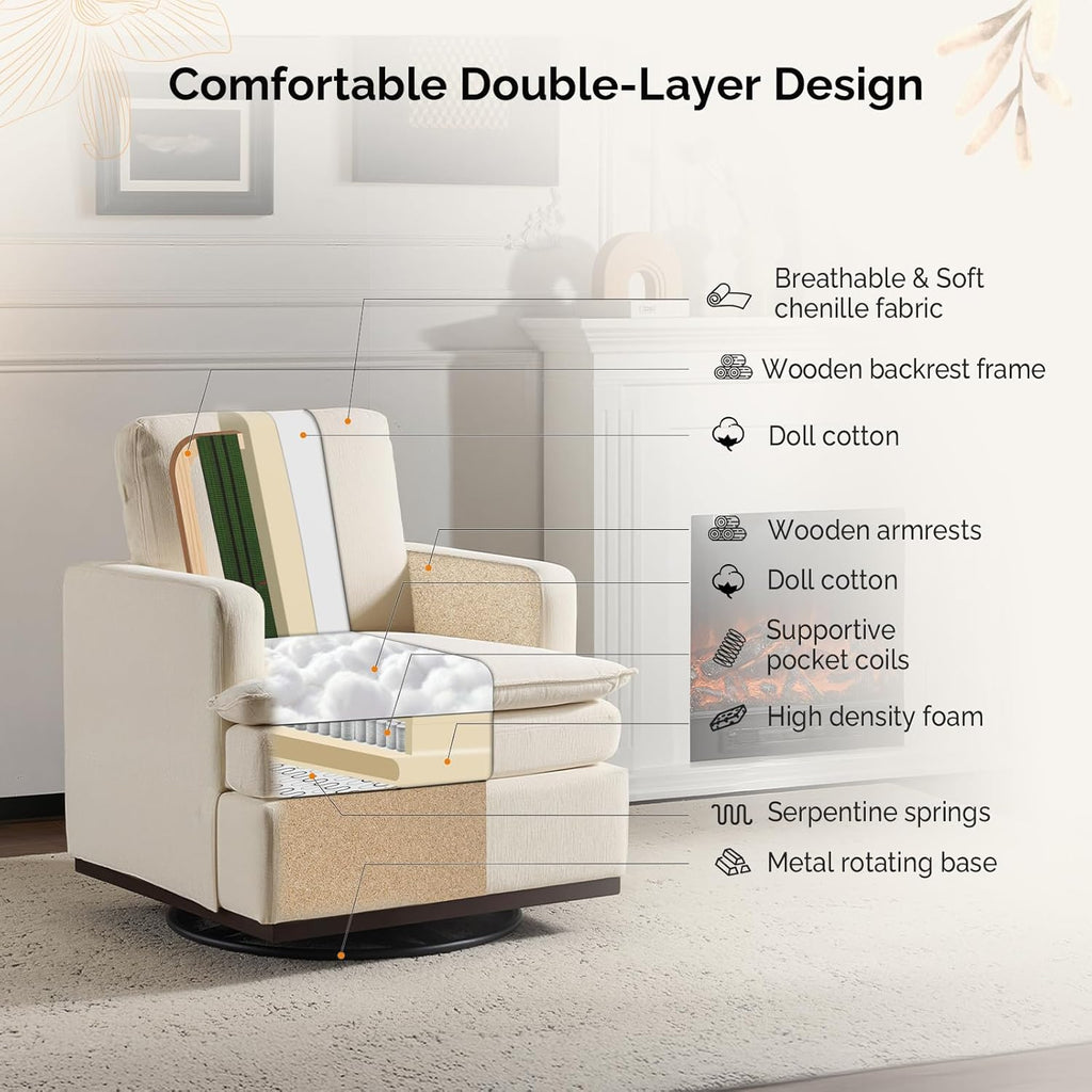 VINGLI 360°Swivel Mid-Century Modern Accent Armchairs Set of 2 with Double-Layer Seat Cushions, Comfy Single Square Sofa, Upholstered Club Chairs for Living Room,Bedroom, Reading Room, Chenille Beige