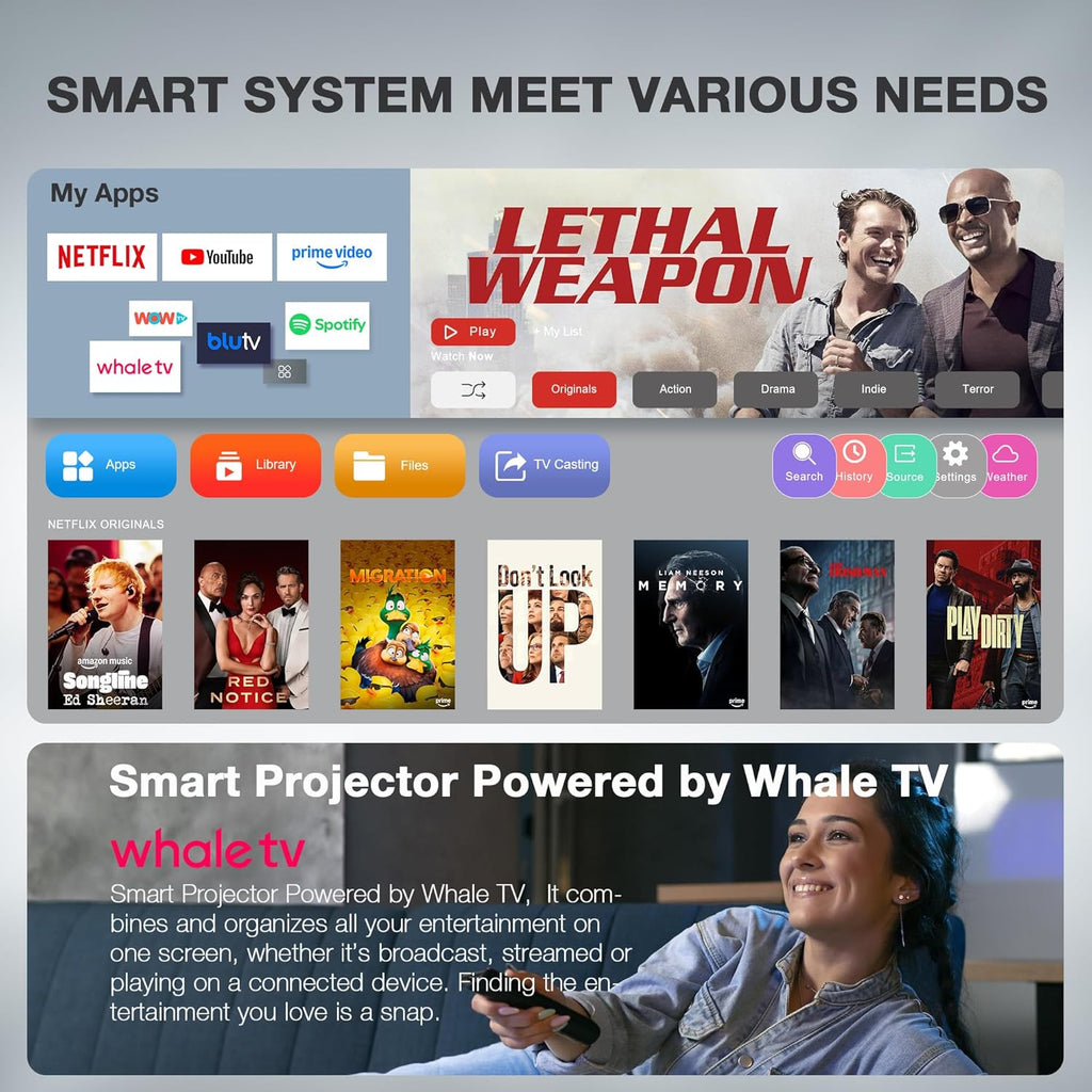 【Officially-Licensed APP & 1800ANSI】 Smart Mini Projector with WiFi and Bluetooth, VISSPL Native 1080P Auto Focus & Keystone Portable Outdoor Projector, 4K Support Home Movie Projector Sliver