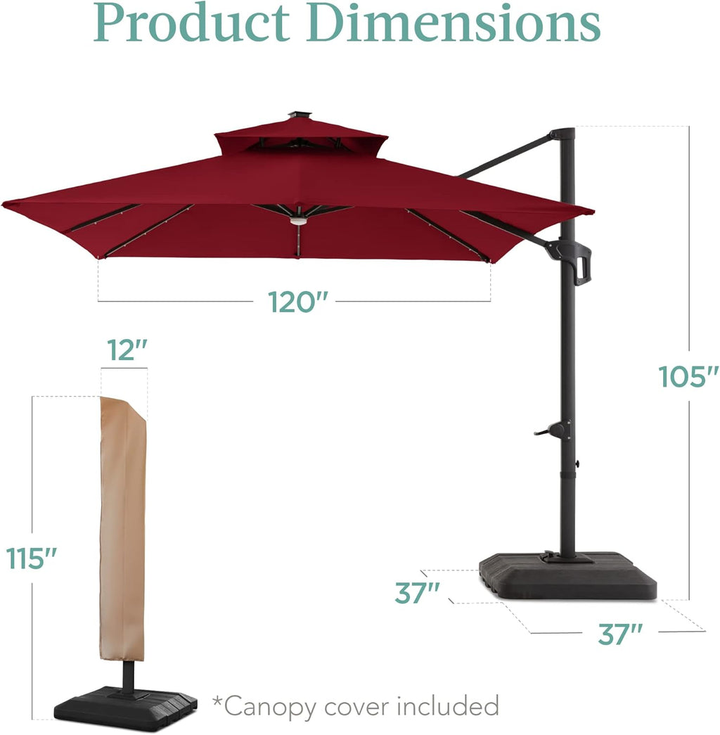 Best Choice Products 10x10ft Cantilever Patio Umbrella w/Base Included, Solar LED Lights 360 Rotation Large Offset Hanging Outdoor Shade for Deck Pool Backyard w/Stand – Burgundy