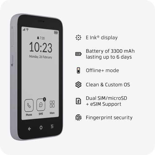 mudita Kompakt Minimalist Dumb Phone with E Ink® Display – Unlocked Cell Phone for Focus, Privacy & Distraction-Free Living, Long Battery Life, Bluetooth, Easy to Use - Charcoal Black