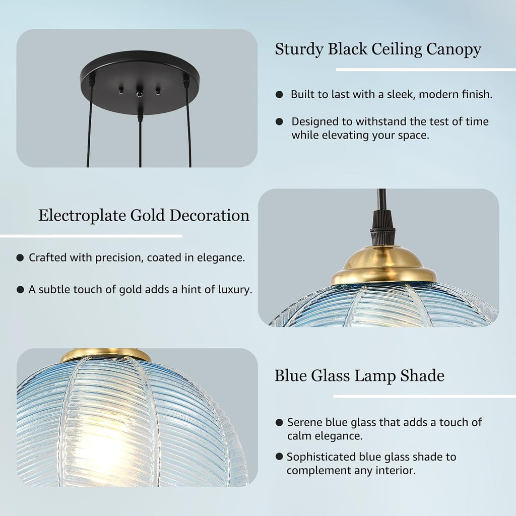 3-Light Blue Cluster Glass Pendant Light, Hanging Chandelier with Globe Shade, Glass Ball Pendant Light Fixtures for Kitchen Island, Dining Room, Living Room, Bedroom