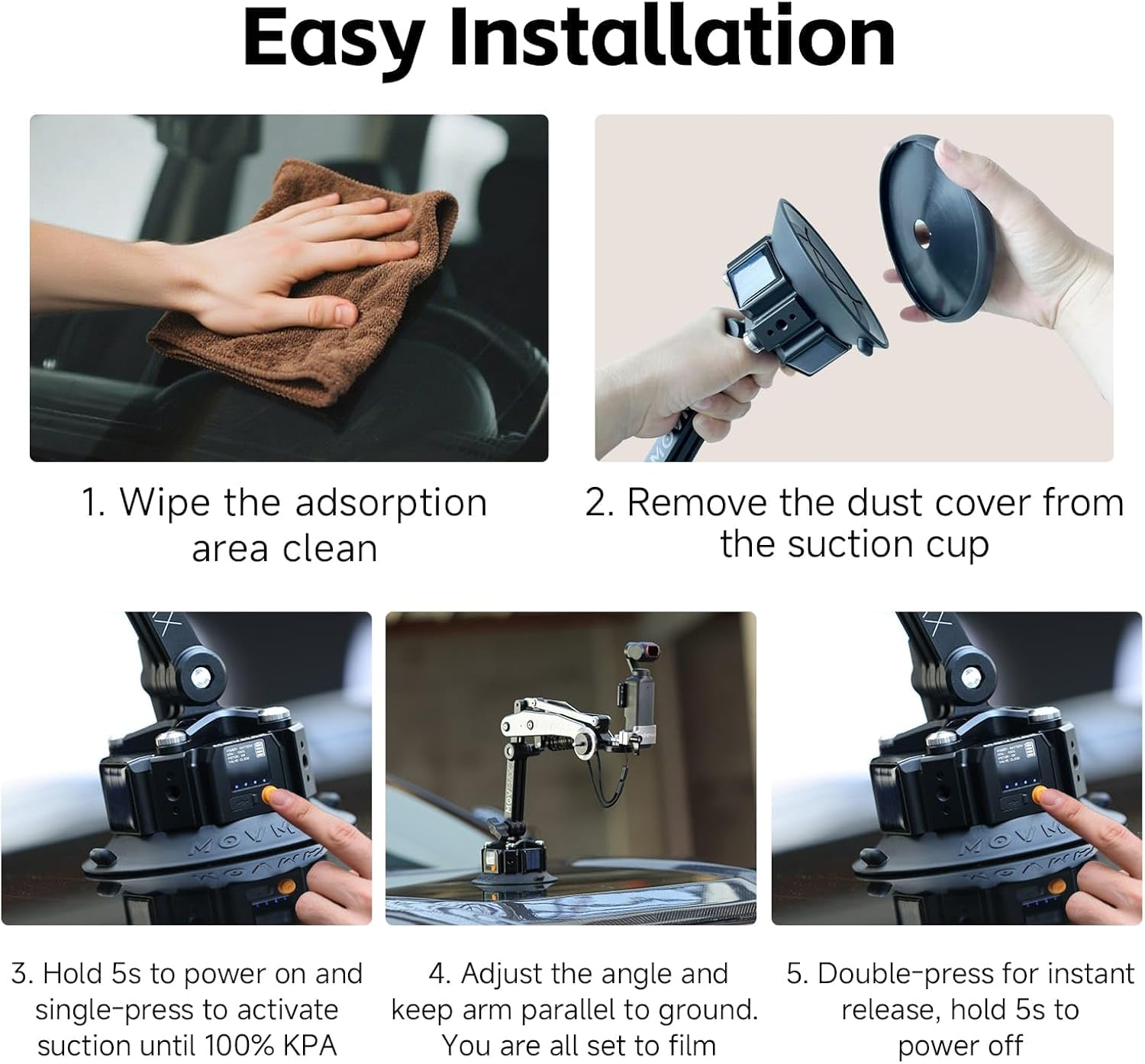 MOVMAX Blade Arm Solar Electronic Suction Cup Mount, Shock Absorber Arm Car Mount for DJI Pocket 4/3, GoPro Hero 13, 360 Action Cameras with Auto Pressure Detection & LCD Display, Pocket 3 Accessories