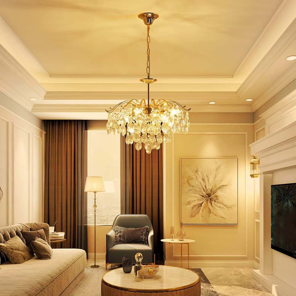 Saint Mossi 6-Light Gold Crystal Chandeliers, Middle Century Dining Room Light Fixture, Modern Pendant Light for Living Room, D20 x H17, Adjustable Chains 59", Chopper Finish Metal Frame