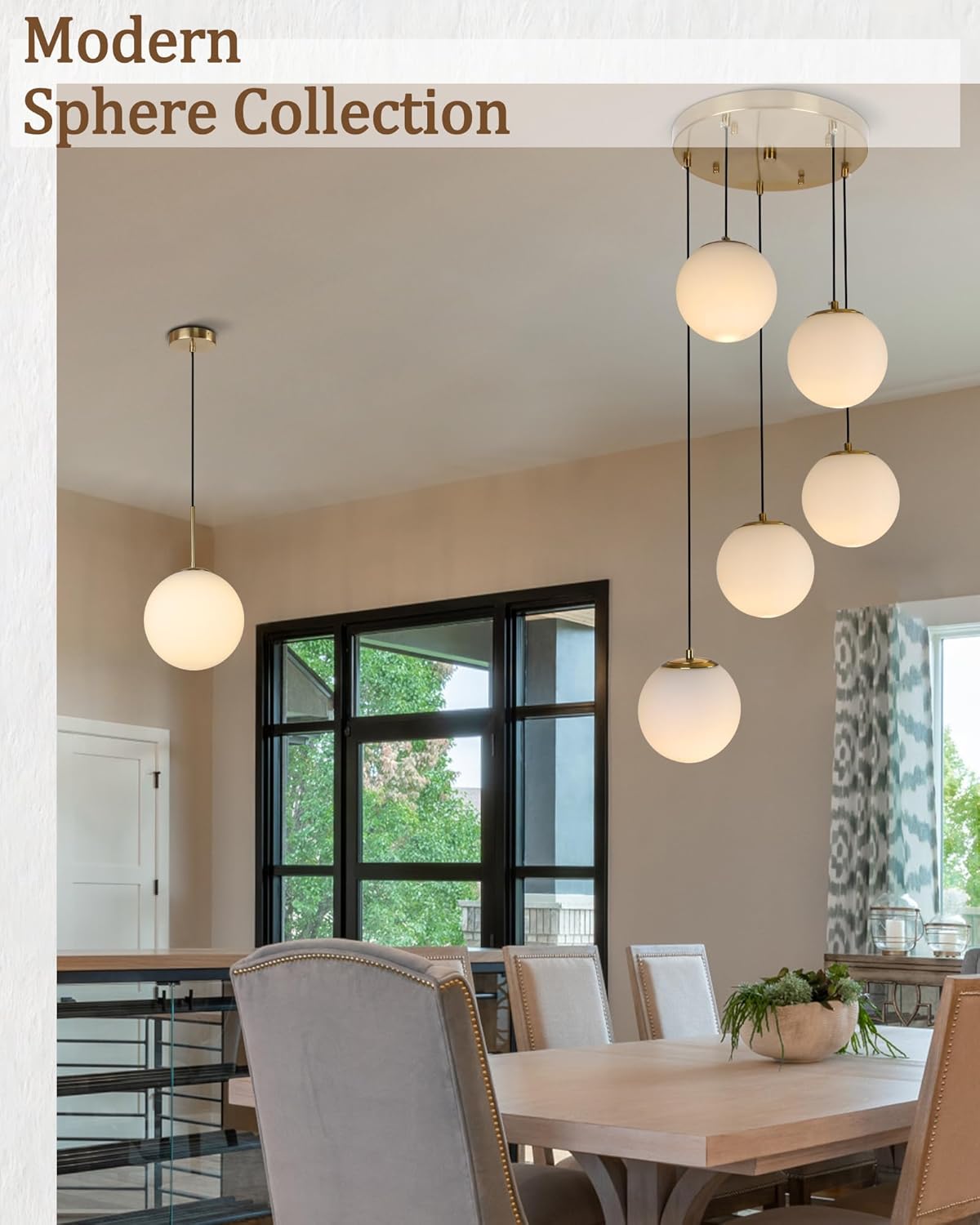 5-Light Globe Chandelier Cluster Pendant Lights, Mid Century Brushed Brass Gold Chandelier with Milk Glass Shade, Adjustable Hanging Cord Ceiling Light for Living Dining Room Staircase