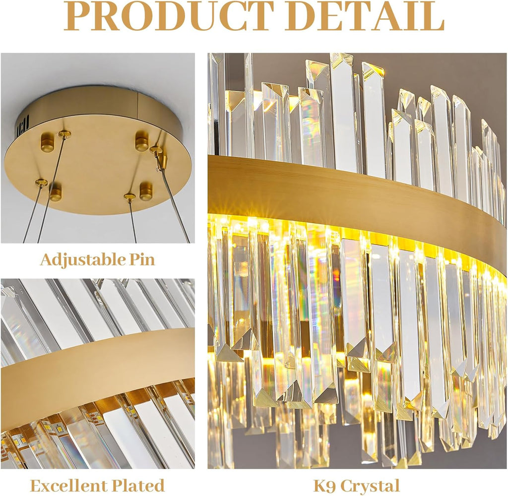 19.7'' Dimmable Modern LED Crystal Chandeliers,Gold Chandelier Light Fixture, 3 Colors Contemporary Pendant Ceiling Light for Dining Room Living Room Kitchen Island Entryway Foyer ,With Remote Control