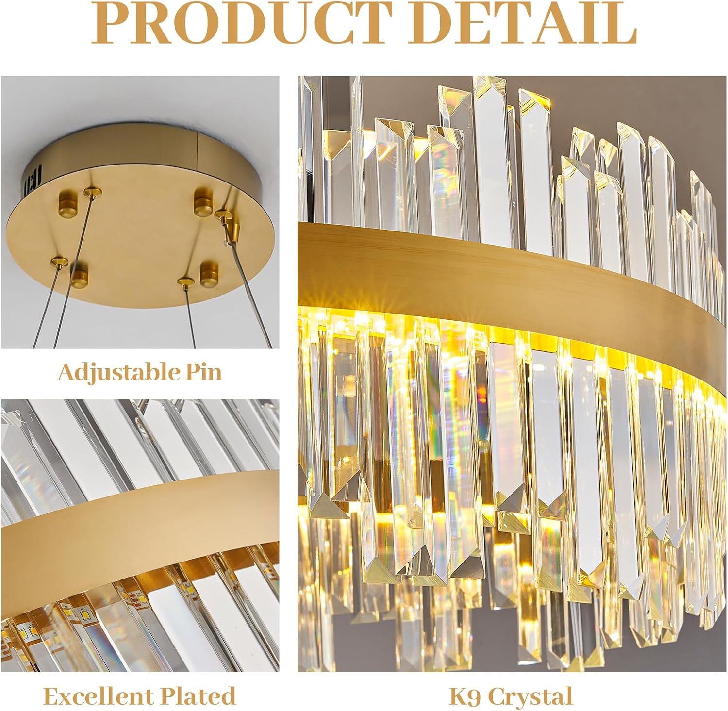 19.7'' Dimmable Modern LED Crystal Chandeliers,Gold Chandelier Light Fixture, 3 Colors Contemporary Pendant Ceiling Light for Dining Room Living Room Kitchen Island Entryway Foyer ,With Remote Control