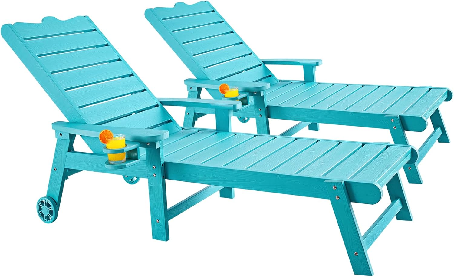 ONBRILL Patio Chaise Lounge Set of 2, Outdoor Lounge Chairs with 5-Level Adjustable Backrest, CupHolder, No Fade, No Break, 350lbs Capacity, HDPS Material, Blue