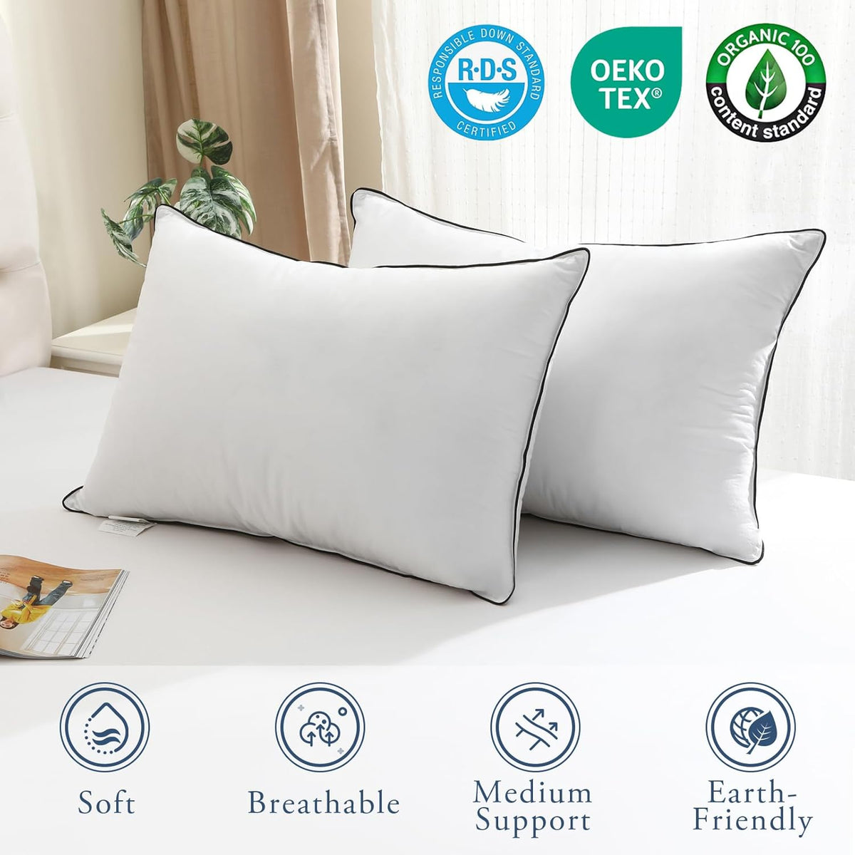 BPC Luxury Hotel Goose Feather Down Pillows Queen Size Set of 2, Medium Firm Bed Pillows for Sleeping, Organic Cotton Cover, Soft Yet Supportive Down Alternative Surround, RDS Certified, White 20"x30"