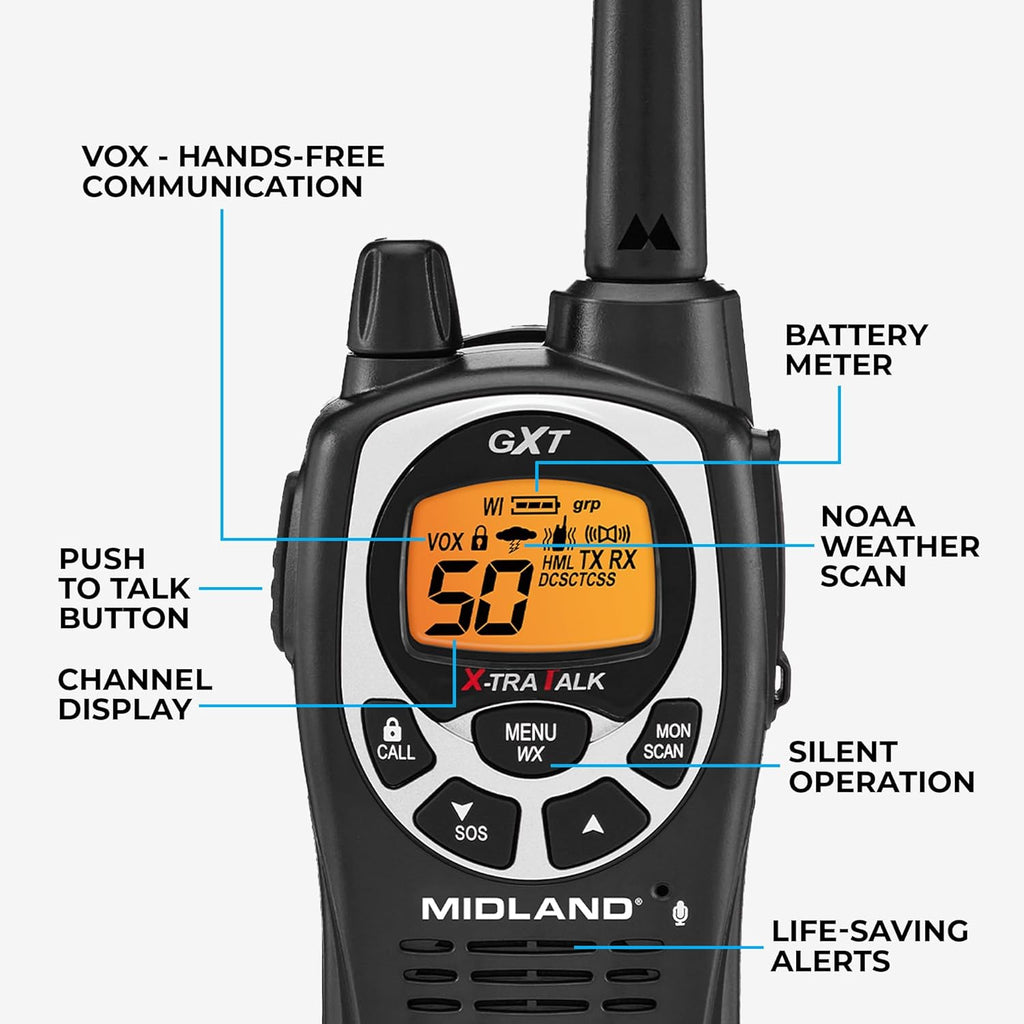 Midland GXT1000X3VP4 GMRS Two-Way Radio (50-Channel, Long Range, 142 Privacy Codes, SOS, NOAA, Rechargeable Nickle Battery, Black/Silver, 3-Pack)