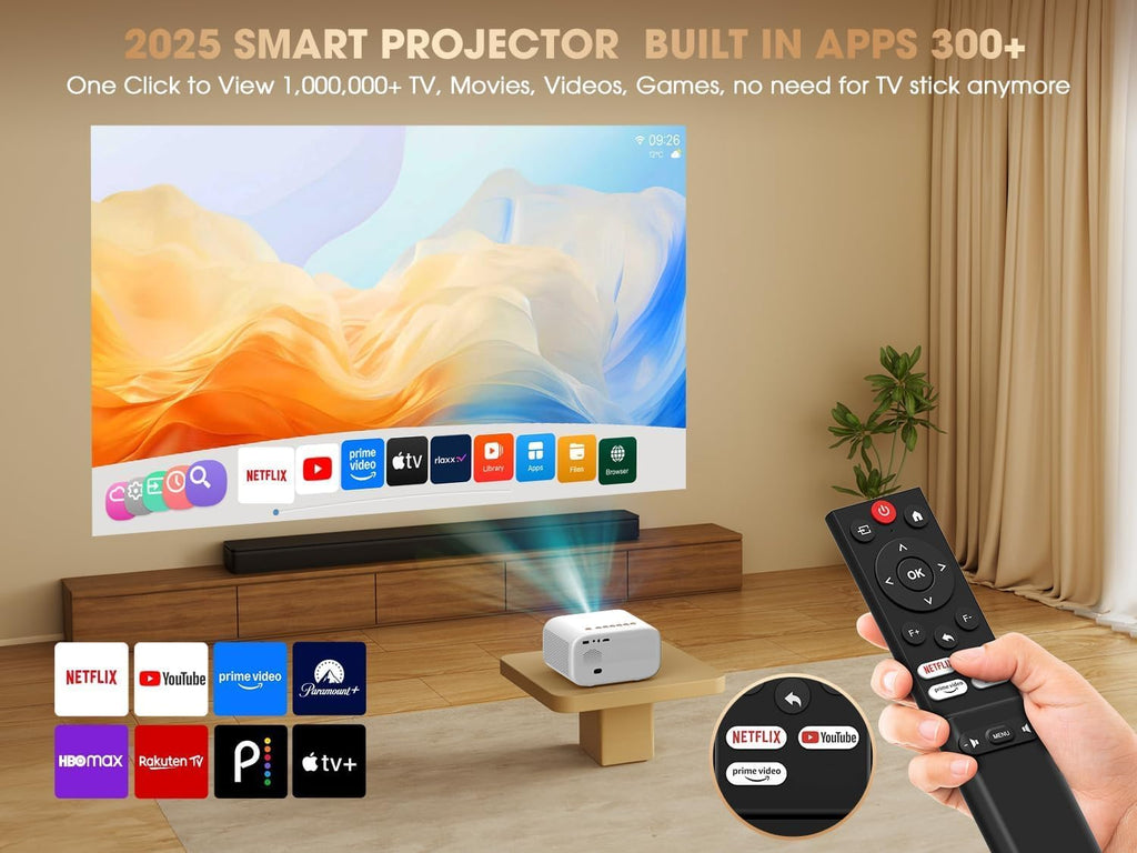 VIZONY Smart Projector with WiFi 6 & Bluetooth, Compatible with Netflix/YouTube/Prime Video Apps, Auto Focus & Keystone, Full-Sealed Optical Engine, Native 1080P